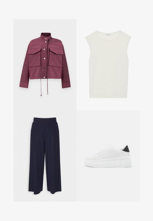 Bordo trumpas švarkas, pagamintas iš tekstūruoto audinio, su dviem didelėmis krūtinės kišenėmis, snapeliais ir reguliuojamomis raišteliais apačioje.; Balta be rankovių palaidinė su apvaliu kaklu. Pagaminta iš lygios medžiagos, ji turi laisvą siluetą ir minimalistinį dizainą. Be raštų ar akcentų.; Plati kojinės tamsiai mėlynos spalvos audiniu su vagelėmis. Turi lygų juosmenį ir laisvą siluetą, kuris siekia iki pusės blauzdos.; Balti platforminiai sportbačiai, pagaminti iš lygios sintetinio audinio, su apvaliu pirštu, raištelių užsegimu ir tekstūruota guma padanga. Juodas kulno akcentas.