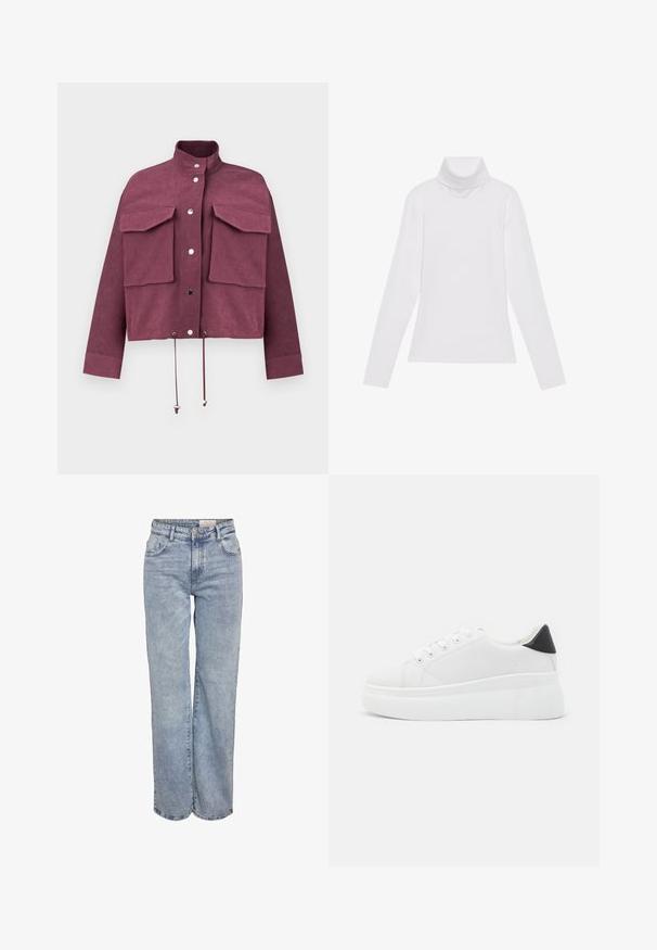 Bordó cropped dzseki strukturált anyagból, amely két nagy mellzsebbel, patentgombos zárással és állítható zsinórral rendelkezik a szegélyen.; Fehér, hosszú ujjú, garbónyakú felső sima, rugalmas anyagból készült. Magas nyakkal és testhezálló fazonnal rendelkezik, látható minták vagy díszítések nélkül.; Világoskék, bő szárú farmernadrág, magas derékkal, öt zsebes kialakítással és finom kopással, amely megadja a viselt megjelenést.; Fehér platform sportcipők sima szintetikus anyagból, lekerekített orral, fűzős kialakítással és texturált gumitalppal. Fekete sarokdísz.