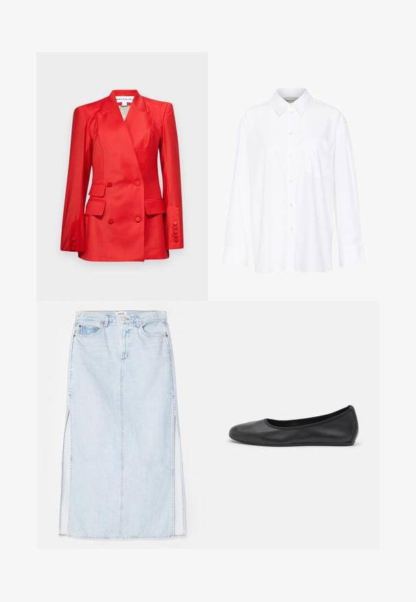 Materiel BUTTON TAILORED - Blazer - red; White long-sleeve collared shirt made of cotton. Features a button-down front and a single chest pocket. Smooth texture, relaxed fit.; Light blue denim maxi skirt with a straight cut, featuring side slits and five-pocket design. Prominent stitching and metal button closure.; Black leather ballet flat with a rounded toe, smooth texture, minimal stitching detail, and a flexible sole design.
