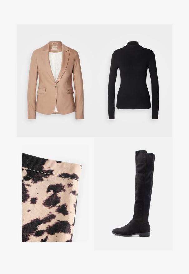 Bladoróżowy żakiet z klapami, z pojedynczym zapięciem na guzik i dwiema przednimi kieszeniami; teksturowany materiał, miękka podszewka w białym kolorze.; Czarny sweter z golfem wykonany z lekkiej dzianiny. Posiada długie rękawy, dopasowany krój oraz miękką ribbowaną strukturę.; Beżowa tkanina w czarny wzór w krowie cętki, z żebrowaną teksturą i prostym przeszyciem. Brak widocznych elementów metalowych ani akcentów.; Czarne zamszowe botki sięgające do kolan o gładkiej fakturze, zaokrąglonym nosku i niskim słupku; minimalistyczny design bez widocznych elementów metalowych.