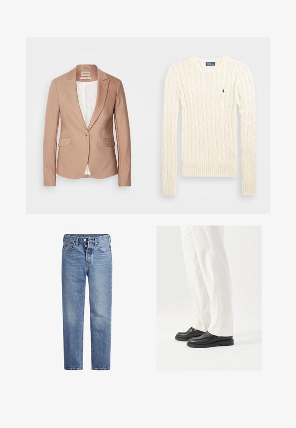 Blush pink blazer with notch lapels, single button closure, and two front pockets; textured fabric, soft lining in white.; Cream cable-knit sweater with long sleeves, ribbed cuffs and hem, featuring a small embroidered logo on the left chest.; Light blue denim jeans with a straight cut, five-pocket design, and a button fly. Features subtle fading and orange stitching accents.; Black leather loafers with a smooth texture, stitch detailing, and a rounded toe, paired with white tailored pants.