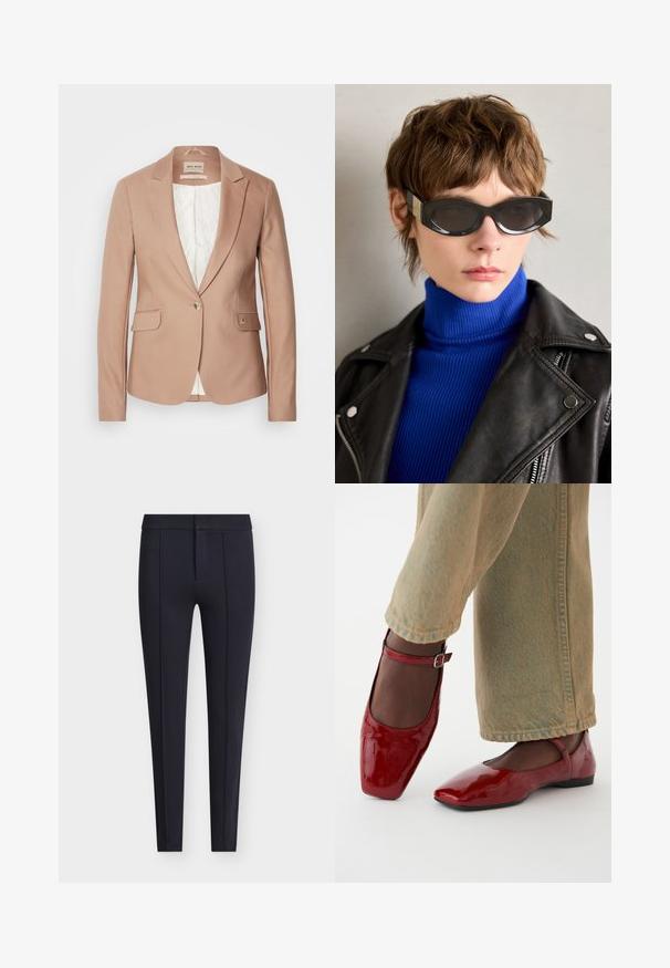 Rózsaszín blézer hajtókákkal, egy gombos záródással és két elülső zsebbel; texturált anyag, puha fehér bélés.; Fehér, hosszú ujjú blúz sima anyagból, nyakban megkötővel és szabott mandzsettával. Egyszerű, klasszikus dizájn minta nélkül.; Sötétkék, testhez álló nadrág sima anyagból, karcsúsított fazonnal, elöl hajtásokkal, elrejtett cipzáras sliccel és gombos záródással.; Piros lakkbőr cipők négyzetes orral, alacsony sarokkal és bokapánttal, világoszöld bő szárú farmerral párosítva. Sima textúra, fényes felület.; Fekete napszemüveg lekerekített élekkel és színezett lencsékkel. Arany színű díszítő elemek találhatók a szárain. Kék bordázott garbóval és bőrdzsekivel viselve.