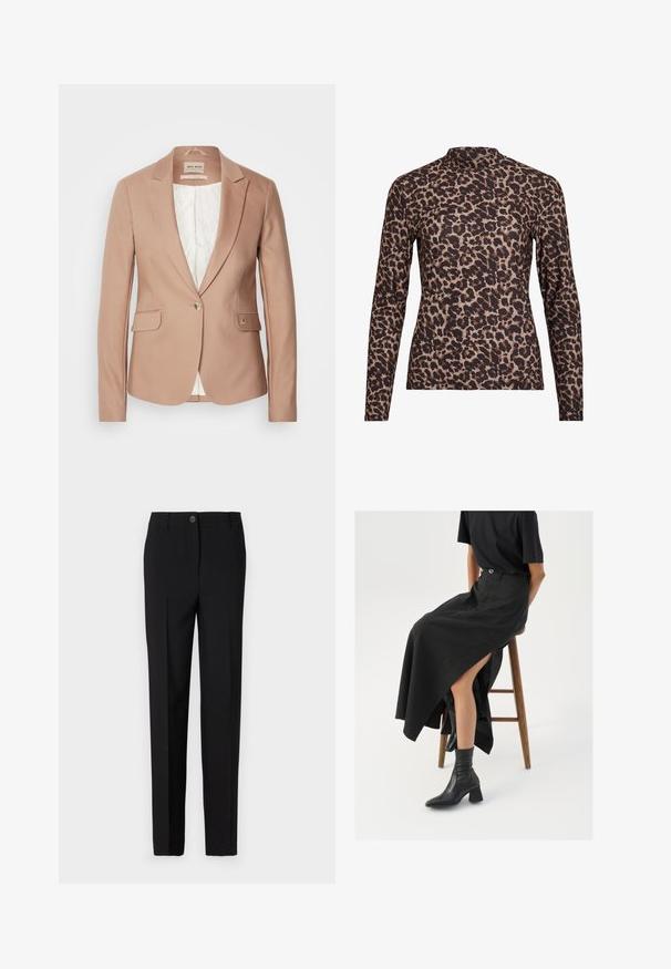 Rózsaszín blézer hajtókákkal, egy gombos záródással és két elülső zsebbel; texturált anyag, puha fehér bélés.; Leopárdmintás, hosszú ujjú felső, magas nyakkal, rugalmas anyagból készült. Bézs alap háttérrel és barna foltokkal rendelkezik. Sima tapintású, testhez álló fazon.; Fekete, egyenes lábú, szabott nadrág, gombos záródással és övhurkokkal, sima anyagból készült.; Fekete len maxi szoknya magas hasítékkal, fekete pólóval és fekete bokacsizmával viselve. Minimalista dizájn, laza illeszkedéssel.
