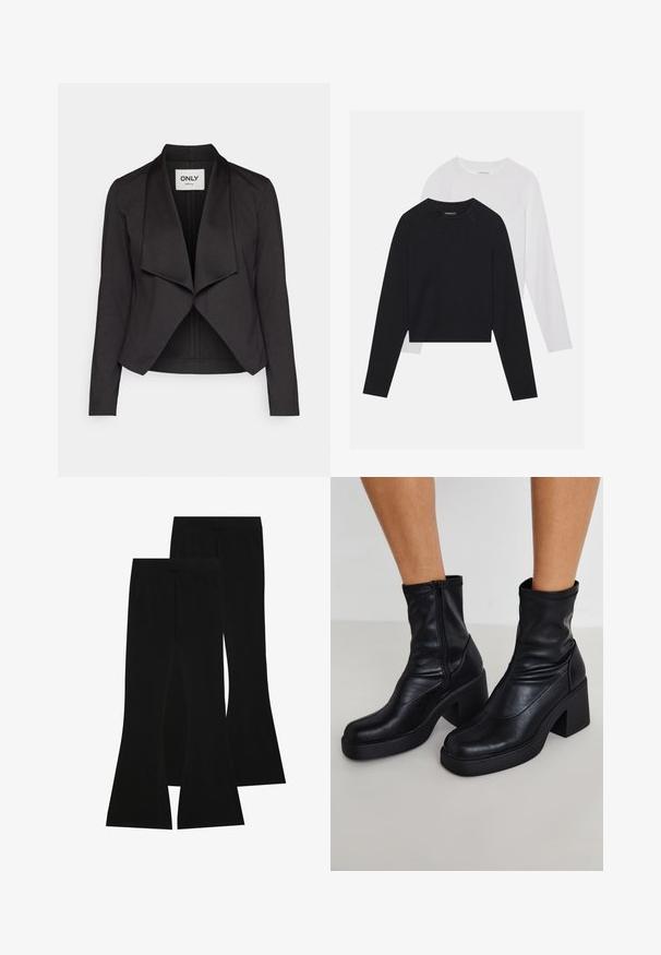 Black cropped jacket with a draped front, long sleeves, and a smooth texture. Features an open design and minimalistic label at the neckline.; Two long-sleeved shirts: one black and one white. Both feature a crew neck, raglan sleeves, and a soft cotton blend fabric.; Black flared pants made of stretch fabric, featuring a high waistband and a smooth texture, with a fitted design that flares from the knee.; Black leather ankle boots with a high block heel, featuring a side zipper, smooth texture, and a tapered toe design.