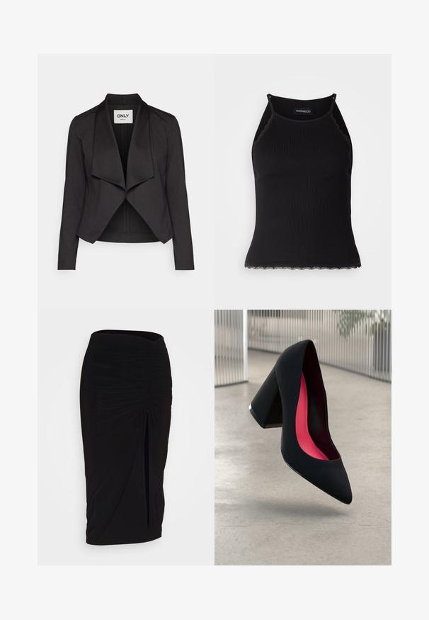 Černá zkrácená bunda s volně drapovaným předním dílem, dlouhými rukávy a hladkou texturou. Disponuje otevřeným designem a minimalistickou etiketou na výstřihu.; Černý žebrovaný top na ramínka s krajkovým lemem na spodním okraji. Obsahuje tenké ramínka a přiléhavý střih. Vyrobeno z elastické látky.; Černá, řasená tužková sukně s detailem na zavazování a bočním rozparkem. Vyrobena z elastického materiálu s hladkou texturou a přiléhavým střihem.; Černá vysoká podpatková bota s špičatou špičkou, texturovaným povrchem a živým růžovým interiérem. Obsahuje masivní podpatek se stříbrným akcentem.