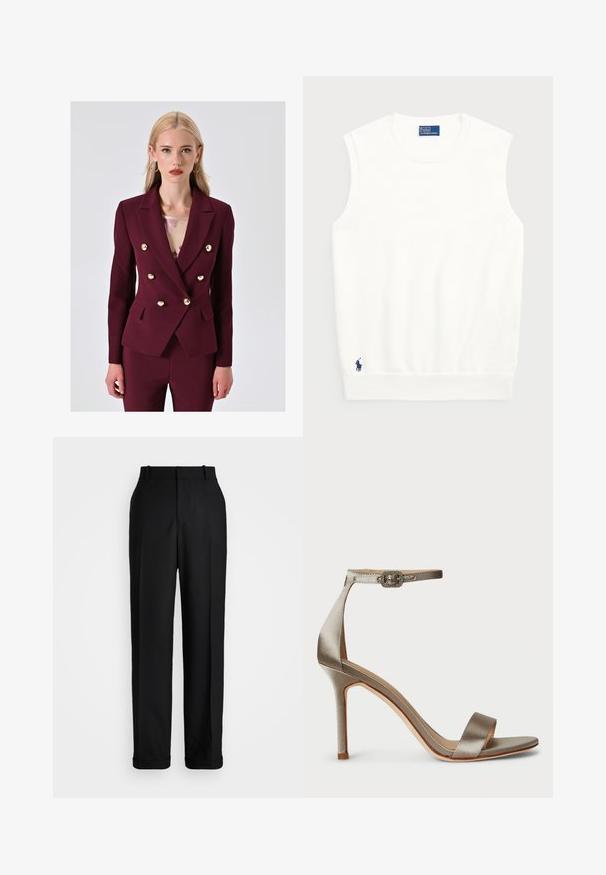 Burgundowa marynarka dwurzędowa z złotymi guzikami, dwiema przednimi kieszeniami i uporządkowanym fasonem. Nosi się ją na jasny, wzorzysty top.; Biały bezrękawnik z gładkiej bawełny, z odstającym dołem i małym granatowym logo w lewym dolnym rogu. Prosty design, bez wzorów.; Polo Ralph Lauren - Spodnie materiałowe; Srebrne satynowe sandały na wysokim obcasie z paskiem na kostkę, z dekoracyjną klamrą. Otwarty nosek i smukły, elegancki fason.