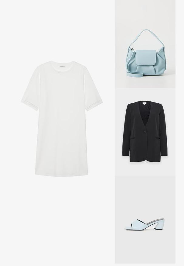 Black blazer with a v-neck, single button closure, and two front pockets. Made from smooth fabric, it features long sleeves and a minimalistic design.; White t-shirt dress in cotton with short sleeves. Features decorative lace detailing on sleeve edges. Simple, relaxed cut.; Light blue open-toe heeled mules with a geometric design, featuring a wide strap across the foot and a chunky, angular heel.; Light blue leather handbag with a top handle, front flap pocket, and detachable wrist strap on a white background.