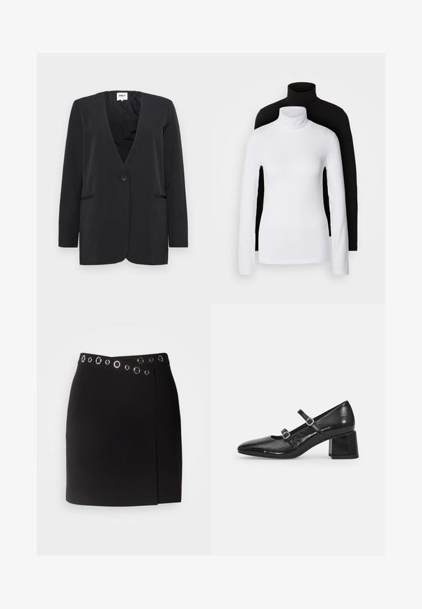 Melnā žakete ar V veida kakla izgriezumu, vienu pogu aizdari un divām priekšējām kabatām. Izgatavota no gludas auduma, tai ir garas piedurknes un minimālisma dizains.; Divi garām piedurknēm turtleneck lielumi, viens balts un otrs melns, izgatavoti no gludas, stiepjamas auduma, abiem ar pieguļošu formu un augstajiem apkaklēm.; Morgan JILLY - Apliekamie svārki - noir; Melnas patenta ādas Mary Jane kurpes ar izteiksmes pirkstu, divām regulējamām siksnām un masīlu blokveida papēdi. Gluda tekstūra un spīdīga apdare.