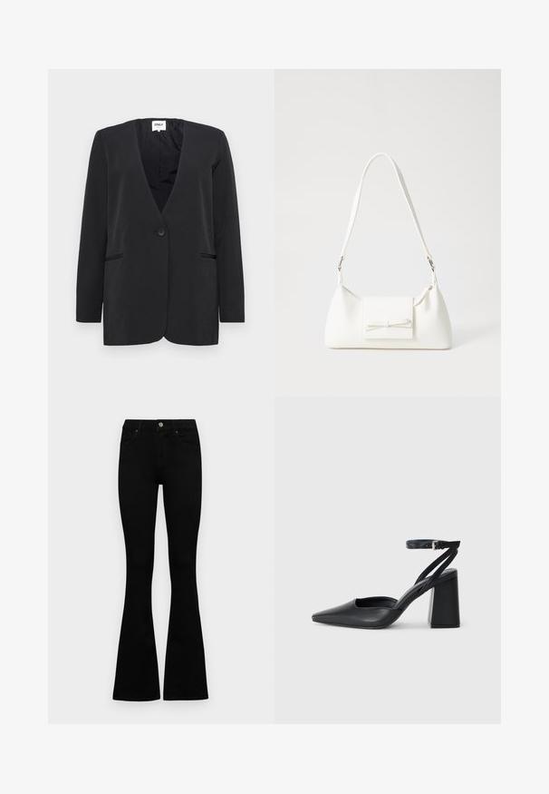 Črn blazer z V-izrezom, enojnim gumbom in dvema sprednjima žepoma. Narejen iz gladkega blaga, ima dolge rokave in minimalističen dizajn.; Črna majica s kratkimi rokavi in okroglim izrezom, izdelana iz mehkega bombažnega materiala. Preprost dizajn, brez vidnih logotipov ali vzorcev.; Črne visokotopne kavbojke z gumbom in zadrgo, sprednjimi žepi in razširjenimi hlačnicami, poleg bel background.; Črne usnjene klasične čevlje z ostrim nosom, z zaponko za gleženj in debelim peto. Ravna tekstura, eleganten dizajn in minimalistična estetika.; Bela sintetična torbica v obliki trikotnika, z ravnim sprednjim poklopcem in detajlom mašne, nastavljivim trakom, gladko teksturo in minimalističnim dizajnom.