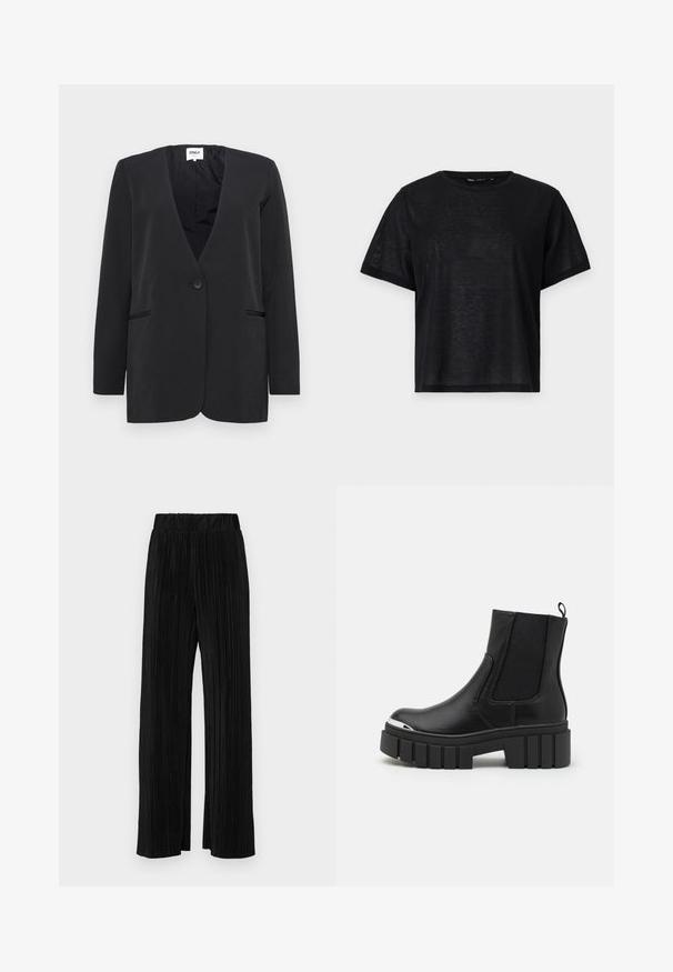 Mustus bleiser v-kaelusega, ühe nööbiga sulgemise ja kahe ees oleva taskuga. Valmistatud siledast kangast, sellel on pikad varrukad ja minimalistik disain.; Must musta lühikese varrukaga T-särk, millel on vabalt langev lõige, sile tekstuur ja ümmargune kaelus. Kerge kangas, millel on kerge sära.; Mustad pleekitud püksid elastse vöökohtaga. Omavad laiad jalad ja sujuvat, tekstureeritud kangast vertikaalsete triipudega.; Mustad mustad kingad sileda nahaga, elastsete paneelidega, paksu platvormi tallaga ja metallist varbaga.