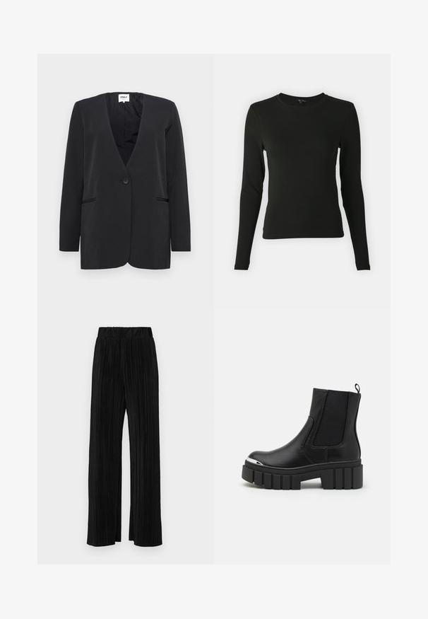 Mustaan bleiseri, jossa on V-pääntie, yksittäinen napitus ja kaksi etutaskua. Valmistettu sileästä kankaasta, siinä on pitkät hihat ja pelkistetty muotoilu.; Pitkähihaista mustaa paitaa, joka on valmistettu sileästä kankaasta. Paidassa on pyöreä kaula-aukko ja se on muotoiltu istuvaksi, eikä siinä ole näkyviä kuvioita tai yksityiskohtia.; Mustat pleatatut housut, joissa on joustava vyötärö. Ominaisuuksiin kuuluvat leveät lahkeet ja sileä, teksturoitu kangas, jossa on pystysuoria raitoja.; Mustat nilkkurit, jotka on valmistettu sileästä nahasta ja joissa on joustavat paneelit, paksu alustakorko ja metallinen varvasosa.