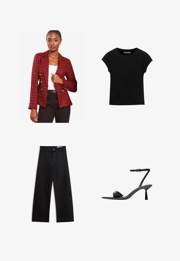 Lipsy REGULAR FIT - Blézer - red; Fekete, rövid ujjú póló, puha anyagból, kerek nyakkivágással és laza szabással, sima felülettel és minták nélkül.; Fekete, bő szabású farmernadrág magas derékkal, elülső és hátsó zsebekkel, varrott felületekkel és gombos záródással. Sima textúra.; Bershka Magas sarkú szandálok - black