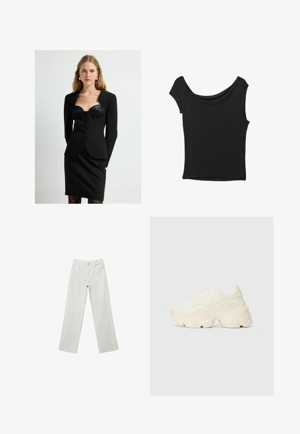Czarna dopasowana kurtka z głębokim satynowym dekoltem, trzema guzikami z przodu i długimi rękawami. W towarzystwie czarnej spódnicy ołówkowej.; Czarna bluzka z krótkim rękawem, wykonana z gładkiego materiału; posiada dekolt w stylu drapowanym oraz asymetryczny dół, z dopasowanym krojem.; Białe dżinsy z szerokimi nogawkami i wysokim stanem, pięciokomorowy design oraz tonalne przeszycia. Zapięcie na guziki i zamek błyskawiczny. Gładka tekstura.; Podeszwa chunky białych sneakersów wykonana z teksturowanej siateczki i materiałów syntetycznych, z grubą podeszwą i skomplikowanymi detalami wzoru po bokach.