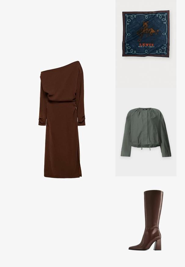 Jachetă croită de culoare verde khaki, cu mâneci lungi, detalii gather la guler, două buzunare frontale și o margine ajustabilă cu șnur.; Rochie asimetrică maro cu mâneci lungi, material drapat, slit lateral și finisaj texturat. Siluetă elegantă cu o croială lejeră.; Cizme maro din piele, până la genunchi, cu vârf ascuțit și toc gros de înălțime medie, prezentate în profil lateral pe fundal alb.; Săcul de mătase bleumarin cu un grafic cu un călăreț pe cal maroniu, un model decorativ cu frânghie albastră și textul „LEVI'S PURTAT DE TOȚI COWBOYI” în roșu.