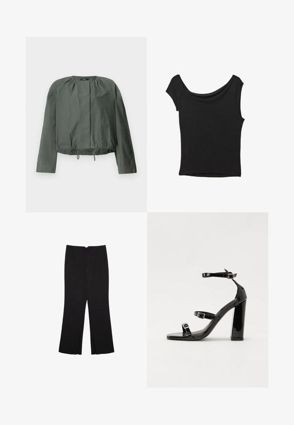 Khaki zielona krótka kurtka z długimi rękawami, z marszczeniami przy dekolcie, dwiema przednimi kieszeniami i regulowanym ściągaczem na dolnym brzegu.; Czarna bluzka z krótkim rękawem, wykonana z gładkiego materiału; posiada dekolt w stylu drapowanym oraz asymetryczny dół, z dopasowanym krojem.; Czarne spodnie o prostym kroju, z przednimi kieszeniami i bocznymi rozcięciami na dole. Wykonane z miękkiego, gładkiego materiału. Odpowiednie na różne okazje.; Czarne lakierowane sandały na obcasie z kwadratowym noskiem, z paskami wokół kostki i srebrnymi klamrami. Posiadają masywny słupek dla stabilności.