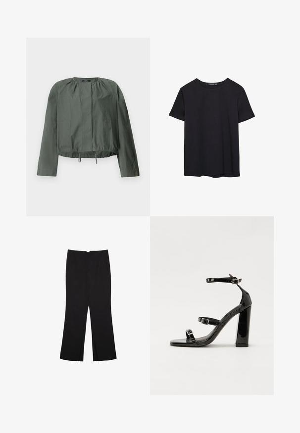 Khaki zelená skrátená bunda s dlhými rukávmi, zhrnutím pri výstrihu, dvoma prednými vreckami a nastaviteľným sťahovacím lemom.; Jednoduché čierne bavlnené tričko s krátkym rukávom a okrúhlym výstrihom, umiestnené na bielom pozadí.; Čierne nohavice so strihom rovného strihu, s prednými vreckami a bočnými rozparkami na leme. Vyrobené z mäkkej, hladkej tkaniny. Vhodné na rôzne príležitosti.; Čierne lakované sandále na vysokom opätku s dvoma prackami, štvorcovou špičkou a hrubým blokovým opätkom, s hladkou, lesklou textúrou.