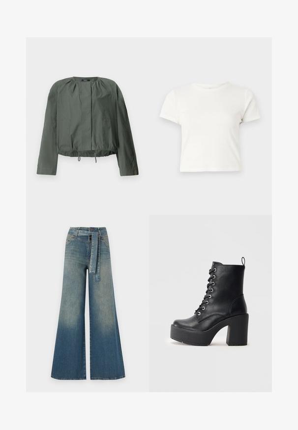 Khaki green cropped jacket with long sleeves, gathered detailing at the neckline, two front pockets, and an adjustable drawstring hem.; Short white t-shirt made of cotton with short sleeves, a round neckline, and a straight hem, featuring a smooth texture and minimal design.; Wide-leg denim trousers featuring a light to dark blue gradient, high waist, belt loops, and a matching fabric belt. Textured denim finish.; Black leather ankle boot with a chunky block heel, lace-up front, and textured surface. Features a tab on the back for easy wear.