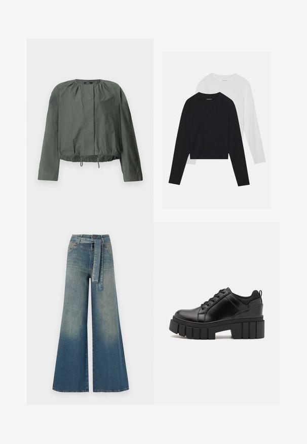 Khaki grønne cropped jakke med lange ærmer, samling detaljer ved halsudskæringen, to forlommer og justerbar snøre i kanten.; To lange langærmede skjorter: en sort og en hvid. Begge har en rund halsudskæring, raglanærmer og et blødt bomuldsblandingsstof.; Bredbens-denimbukser med en lys til mørk blå gradient, høj talje, bælteløkker og et matchende stofbælte. Tekstureret denimfinish.; Sorte læder platform sko med en klodset blokhæl, rund tå og traditionelt snøredesign. Har en glat tekstur og minimal detaljering.