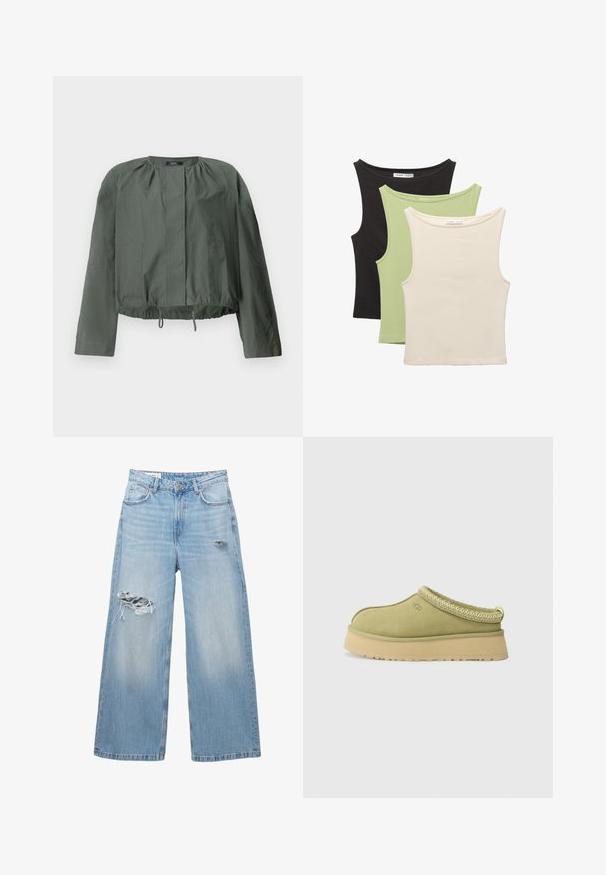 Khaki grønne cropped jakke med lange ærmer, samling detaljer ved halsudskæringen, to forlommer og justerbar snøre i kanten.; Tre ærmeløse toppe i sort, lysegrøn og beige. Hver med en rund halsudskæring og en blød, ribbet tekstur.; Lyseblå vidde jeans lavet af denim, med slidte områder ved knæene og en fem-lomme design. Ren, lige søm.; UGG TAZZ II - Træsko - muted brass