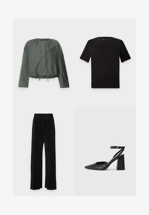 Kaki grønn cropped jakke med lange ermer, rynkedetaljer ved halsen, to frontlommer og justerbar snor nederst.; Svart t-skjorte med korte ermer og rund hals, laget av mykt bomullsstoff. Enkelt design, ingen synlige logoer eller mønstre.; Sorte plisserte bukser med elastisk midje. Har vide ben og et glatt, strukturert stoff med vertikale striper.; Svart lær pumps med spiss tå, ankelrem og kraftig hæl. Flat tekstur, strømlinjeformet design og minimalisme.