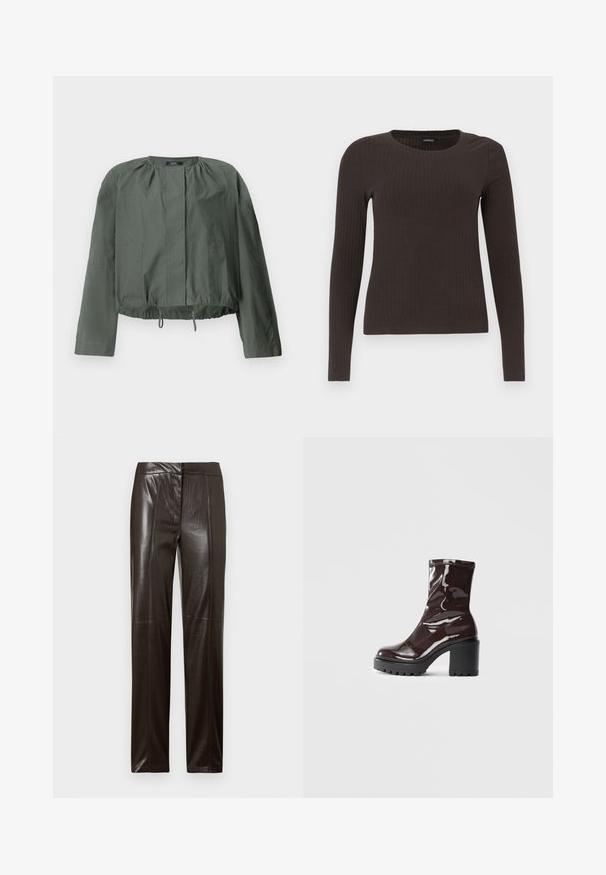 Khaki groene cropped jas met lange mouwen, geplooide details bij de nek, twee voorkanten zakken en een verstelbare trekkoordzoom.; Bruine, lang%C3%A8ve ribgebreide top met een ronde hals. Gemaakt van een soepel, rekbaar materiaal, met een getailleerde pasvorm en minimale details.; Donkerbruine leren broek met rechte pijpen, een gladde afwerking en subtiele naden langs de voorkant.; Glanzende bordeauxrode enkelboot met een chunky zwarte hak, met een gladde textuur en een eenvoudig ontwerp. Geen zichtbare sluitingen of patronen.