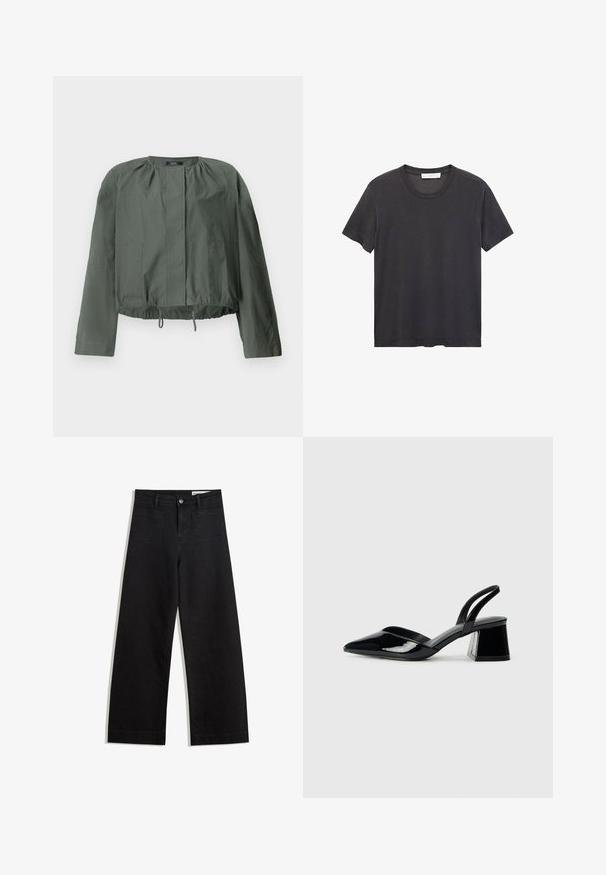 Khačasto zeleni skraćeni sako s dugim rukavima, nabrani detalj na izrezu, dva prednja džepa i podesivi donji rub s vezicom.; Crna majica s okruglim izrezom napravljena od mekanog pamuka. Kratki rukavi, opušteni kroj i ravni rub bez ukrasnih elemenata ili uzoraka.; Crne široke traperice s visokim strukom, s prednjim i stražnjim džepovima, šivenim šavovima i kopčanjem na gumb. Glatka tekstura.; Crne lakirane kožne sandale s otvorenom petom i špicastim vrhom, s geometrijskom blok petom. Imaju elegantan, minimalistički dizajn i glatku teksturu.