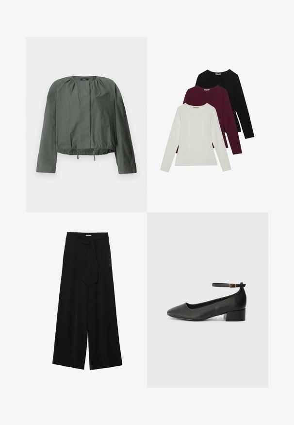 Chaqueta verde caqui corta con mangas largas, detalles fruncidos en el escote, dos bolsillos frontales y un dobladillo ajustable con cordón.; Camisetas de manga larga en blanco, burdeos y negro. Fabricadas con una tela suave, con escote redondo y diseño ajustado. Adecuadas para capas.; Pantalones de pierna ancha negros con un tejido texturizado, una cinturilla elástica y un lazo desmontable en la cintura para un ajuste ajustable.; Zapato de tacón negro de cuero con punta afilada y tacón bajo cuadrado. Presenta una correa para el tobillo con una hebilla en tono dorado. Textura suave.