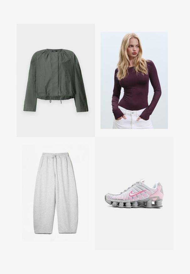 Khaki grønne cropped jakke med lange ærmer, samling detaljer ved halsudskæringen, to forlommer og justerbar snøre i kanten.; Bordeaux langærmet tætsiddende top med rund halsudskæring og tommelfingerhuller, parret med hvide højlife bukser. Glat stof og strækbar tekstur.; Lysegrå sweatpants med en afslappet pasform, elastisk talje, snøre og sidelommer; lavet af blødt, struktureret stof.; Nike træningssko i hvid og lys pink. Har en mesh-overdel og en markant buet sål med synlig luftdæmpning.
