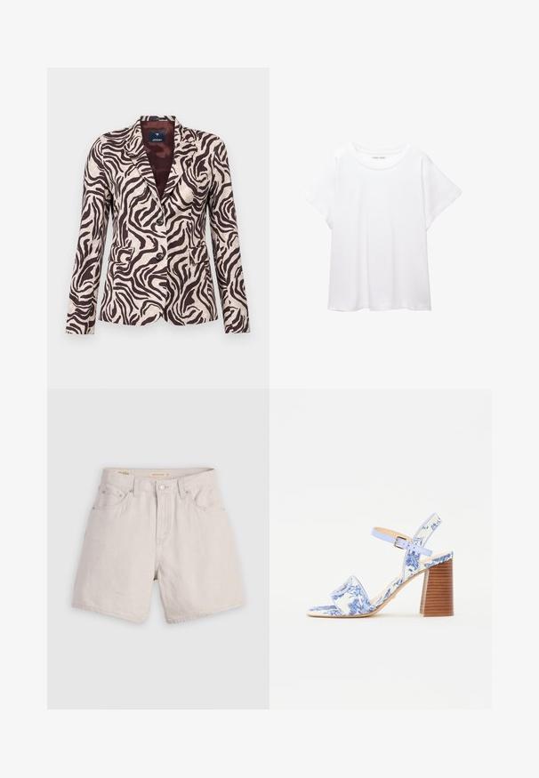 Ein einfarbiger Blazer im Zebra-Muster mit einem hellbeigen Grundton und dunklen braunen Streifen, zwei Fronttaschen, zwei Knöpfen und einem Reverskragen.; Weißes T-Shirt aus weichem, leichtem Stoff. Mit runder Halslinie und kurzen, weit geschnittenen Ärmeln für einen lässigen Sitz. Keine sichtbaren Muster.; Hochtaillierte beigen Denim-Shorts mit einer geknöpften Vorderseite, Gürtelschlaufen und einem Fünf-Taschen-Design; leicht mit einer glatten Textur.; Blaue sandaletten mit Blumenmuster, quadratischer Zehenpartie, breitem Riemen und verstellbarem Knöchelriemen, ausgestattet mit einem strukturierten Holzblockabsatz.