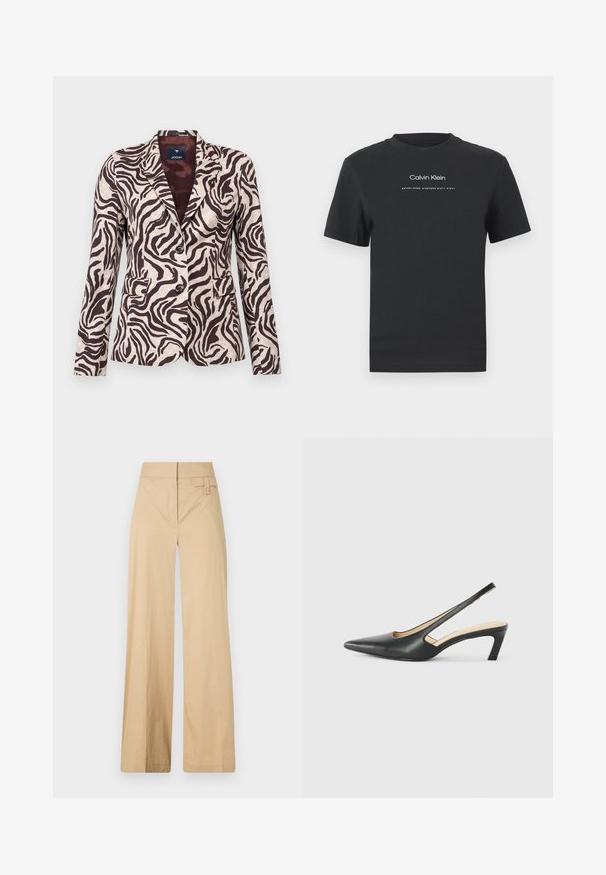 Ein einfarbiger Blazer im Zebra-Muster mit einem hellbeigen Grundton und dunklen braunen Streifen, zwei Fronttaschen, zwei Knöpfen und einem Reverskragen.; Schwarzes Baumwoll-T-Shirt mit Rundhalsausschnitt, kurzen Ärmeln und weißem Druck des "Calvin Klein" Logos sowie dem Text "Established 1968".; Beige weite Hosen aus Baumwollmischgewebe. Sie haben eine glatte Textur, einen elastischen Bund und eine seitliche Knopfdetail.; Schwarzer spitz zulaufender Slingback-Schuh mit niedrigem Absatz, der aus glattem Leder gefertigt ist und seitliche Ausschnitte für Atmungsaktivität aufweist.