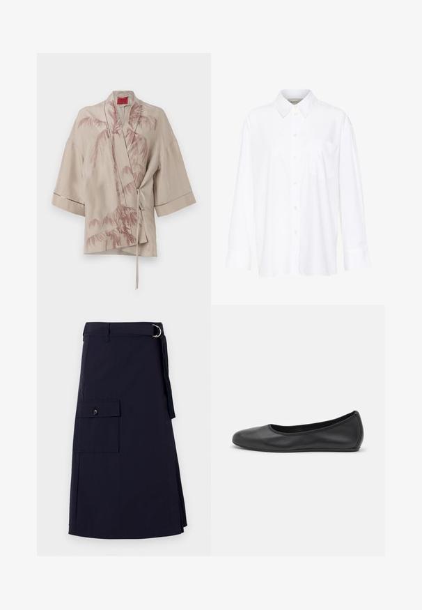 Beige kimono-artiger Wickeloberteil aus leichtem Stoff, mit einem pinkfarbenen Palmenmotiv und einer Bindeschließe in der Taille, mit weiten Ärmeln.; Weißes Langarmhemd mit Kragen aus Baumwolle. Verfügt über eine durchgehende Knopfleiste und eine Brusttasche. Glatte Textur, lockere Passform.; Marineblaue Rock mit strukturiertem Design, ausgestattet mit einer seitlichen Cargo-Tasche und einem Metall-D-Ring-Gürtelakzent. Hergestellt aus strapazierfähigem Stoff.; Schwarze Leder-Ballettschuhe mit abgerundeter Spitze, glatter Textur, minimalen Nähdetails und einem flexiblen Sohlen-Design.