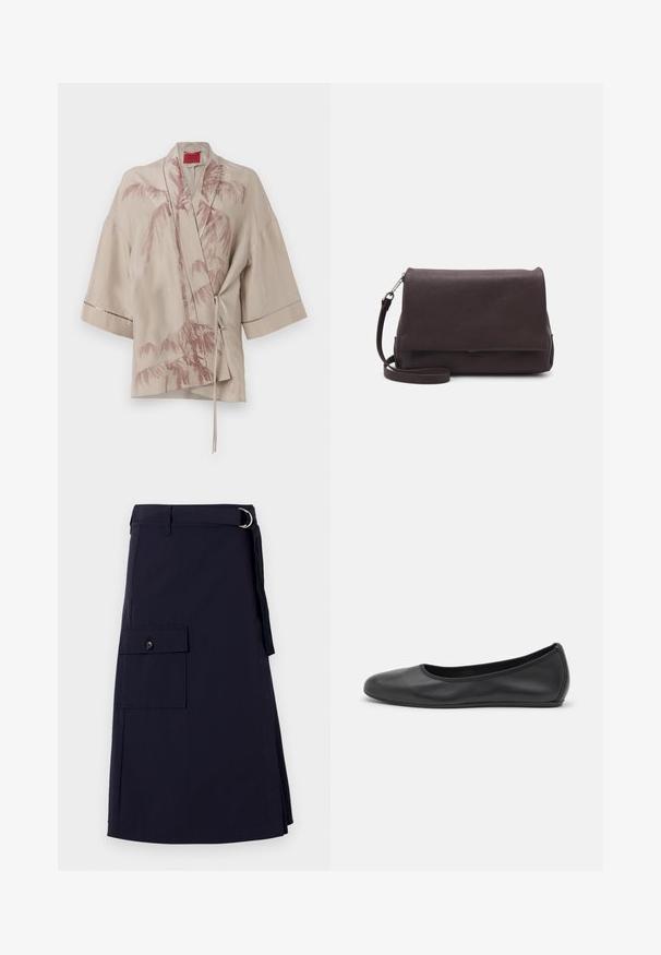 Beige kimono-style wrap top in lightweight fabric, featuring a pink palm tree print and a tie closure at the waist, with wide sleeves.; White long-sleeve collared shirt made of cotton. Features a button-down front and a single chest pocket. Smooth texture, relaxed fit.; Navy blue skirt with a structured design, featuring a side cargo pocket and a metal D-ring belt accent. Made from durable fabric.; Black leather ballet flat with a rounded toe, smooth texture, minimal stitching detail, and a flexible sole design.; Tiger of Sweden LIMBIATE UNISEX - Cross body bag - pure decadence