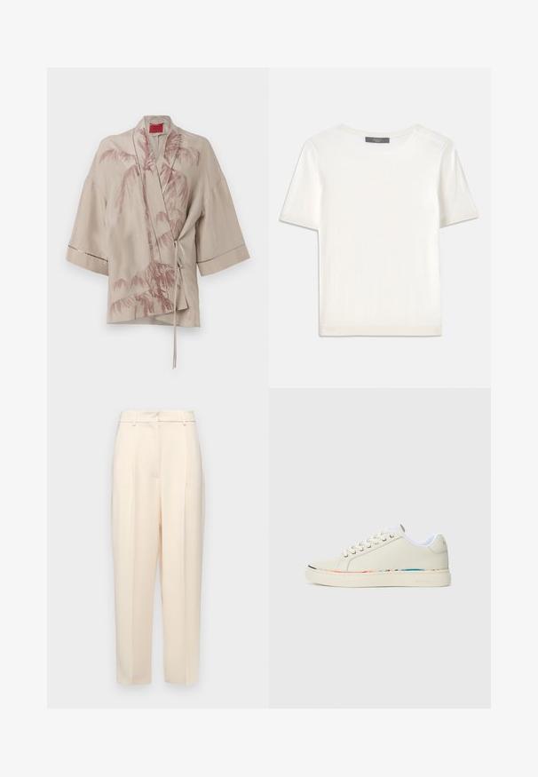 Beżowy top w stylu kimono wykonany z lekkiego materiału, z różowym nadrukiem palm i zawiązaniem w talii, z szerokimi rękawami.; Biała krótki rękaw dzianinowa bluzka z okrągłym dekoltem, charakteryzująca się gładką teksturą i subtelnymi prążkowanymi akcentami na rękawach oraz u dołu.; Beżowe spodnie o kroju prostym, z fałdami z przodu, gładką teksturą i średnim stanem. Brak widocznych kieszeni.; Niskie sneakersy w kolorze off-white z sznurowaniem, białą podszewką wewnętrzną oraz subtelnym, wielokolorowym wykończeniem wzdłuż krawędzi podeszwy, widok z boku.