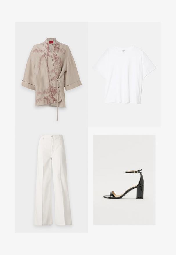 Bēžs kimono stila apakškrekls vieglā audumā, ar rozā palmu koku drukājumu un sasienamu aizdari jostasvietā, ar platām piedurknēm.; Balta kokvilnas T-krekls ar īsām piedurknēm, apaļu dekoltē, brīva piegriezuma un šūtu apakšmalu. Etiķete redzama iekšējā kakla daļā.; Baltas platfita bikses, izgatavotas no kokvilnas ar gludu tekstūru. Aprīkotas ar priekšējo pogu, rāvējslēdzēju un četru kabatu dizainu.; Melnas patentā ādas sandales ar platām papēžiem, atvērtu purngalu un potītes siksniņu ar zelta sprādzi. Gluda tekstūra un elegants dizains.
