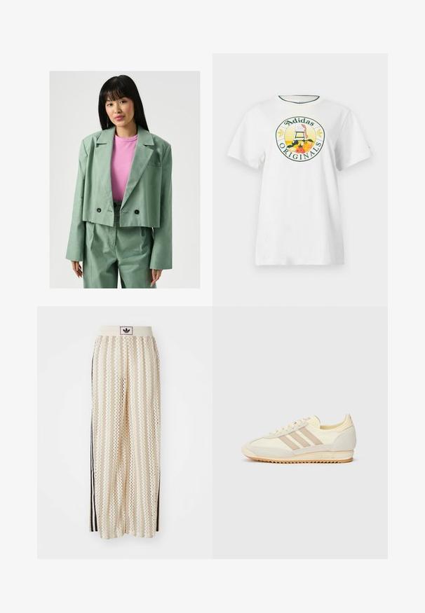 Laurella Bleizeris - mint; Balta medvilnė marškinėliai trumpomis rankovėmis, su apvaliu grafiniu logotipu žaliai ir geltonai, kuriame yra užrašas "Adidas Originals" ir vaisių dizainai.; Grietos spalvos plačios kelnės su zigzagų raštu, turinčios juodą logotipo juostą ir šonines juodas juosteles. Lengvas, tekstūruotas audinys.; Kreminių spalvų sportiniai bateliai su trimis bežinėmis juostelėmis, pagaminti iš zomšos ir tekstilės medžiagų, su tekstūruota baze ir įspaustu prekiniu ženklu ant kulno.