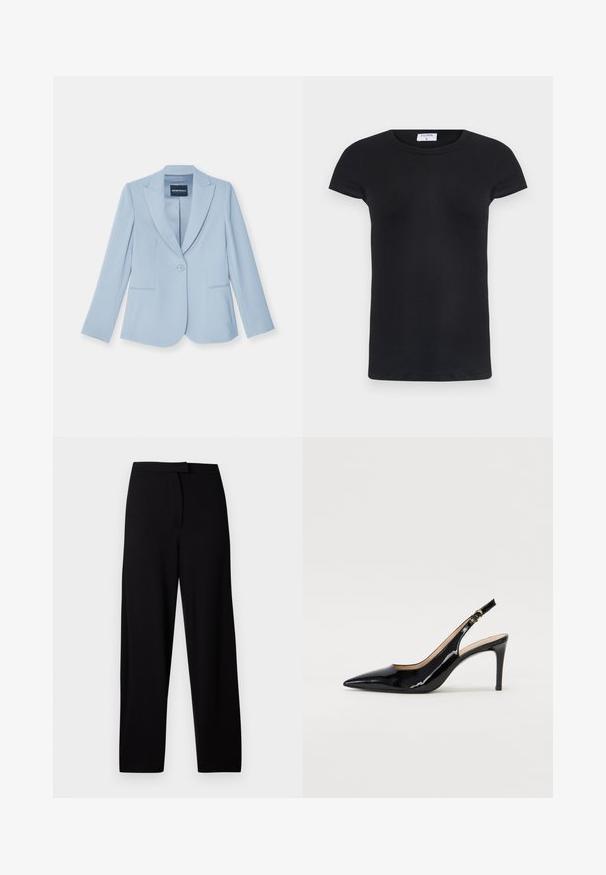 Šviesiai mėlynas švarkas, pagamintas iš minkštos medžiagos, su vienu mygtuku, notch tipo apykaklėmis, dviem priekinėmis kišenėmis ir ilgomis rankovėmis.; Juodas dryžuotas marškinėliai su apvalia iškirpte ir trumpomis rankovėmis. Minkšta medžiaga, prigludusi prie kūno, su etikete apykoje.; Juodos plačios kelnės, pagamintos iš minkštos, tamprios medžiagos. Turi lygią juosmenį ir nematomas siūles bei kišenes. Paprastas ir universalus dizainas.; Juodas lakinės odos slingback batelis su smailiu nosiu, plonu kulnu ir subtiliu išpjovos dizainu. Yra auksinė sagtis ant dirželio.