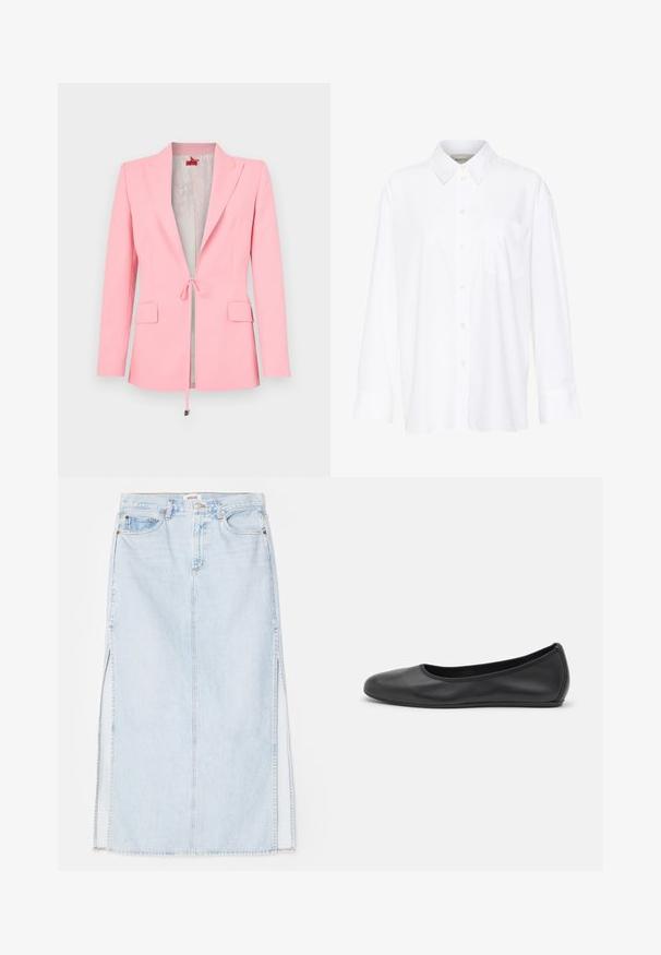 Ružový blejzer s módnym strihom, dlhými rukávmi a dvoma prednými vreckami; obsahuje šnurovanie a hladký vnútorný podšívku.; Biela košeľa s dlhým rukávom a golierom vyrobená z bavlny. Má zapínanie na gombíky vpredu a jednu náprsníku vrecko. Hladká textúra, voľný strih.; Svetlo modrá dlhá riflová sukňa so strihom na rovno, s bočnými rozparkami a dizajnom s piatimi vreckami. Výrazné prešívanie a kovový zips na zapínanie.; Čierne kožené baleríny s okrúhlou špičkou, hladkým povrchom, minimálnym prešívaním a flexibilným dizajnom podrážky.