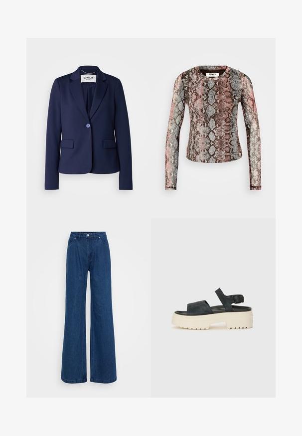 Jūros mėlynos spalvos švarkas, pagamintas iš lygaus audinio, su įpjovomis atlapais, vienu mygtuko uždarymu ir dviem priekinėmis kišenėmis. Minimalistinis dizainas.; Ilgomis rankovėmis marškinėliai su daugiaspalve gyvatės rašto printu rožiniais, pilkais ir rudos atspalviais. Pagaminti iš tamprus, lengvas audinys.; Mėlynos plačios džinsinio audinio kelnės su aukšta juosmens linija, priekyje mygtukas ir užtrauktukas, bei priekinės ir užpakalinės kišenės prieš paprastą foną.; Juodos zomšos platforminės sandalai su masyviu baltu padais, plačia priekinė juostele ir reguliuojamu kulkšnies užsegimu. Textūruotas padas užtikrina sukibimą.