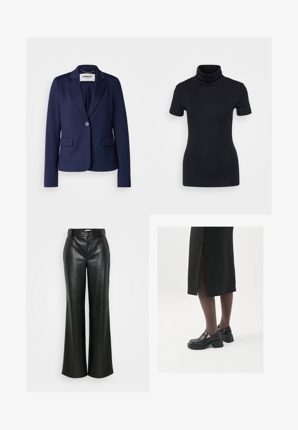 Navy blue blazer made of smooth fabric with a notched lapel, single button closure, and two front pockets. Minimalist design.; Black ribbed turtleneck top, short sleeves, form-fitting design, soft texture, minimal seams, and a high collar.; ONLY Tall ONLSMOOTH WIDE - Trousers - black; Black leather shoes with a rounded toe, thick block heel, and elastic side accents, paired with dark tights and a black skirt with a slit.