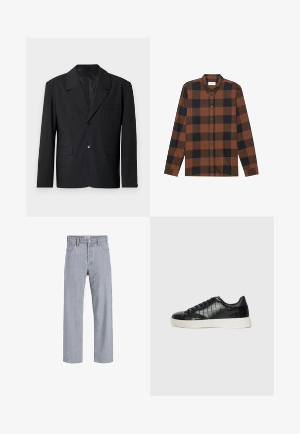 Blazer negro con solapa, cierre de un solo botón, dos bolsillos delanteros y un bolsillo en el pecho. Tejido suave con un diseño clásico.; Camisa de manga larga a cuadros marrones y negros, hecha de tela, con un cuello abotonado y tapeta con botones; presenta mangas con puños.; Jeans de mezclilla azul claro con un ajuste holgado, diseño de pierna recta, costuras visibles, dos bolsillos frontales y cierre de botón.; Zapatillas negras con parte superior de cuero con textura de cocodrilo en relieve, puntera redondeada y una suela de goma blanca contrastante con un acabado suave.