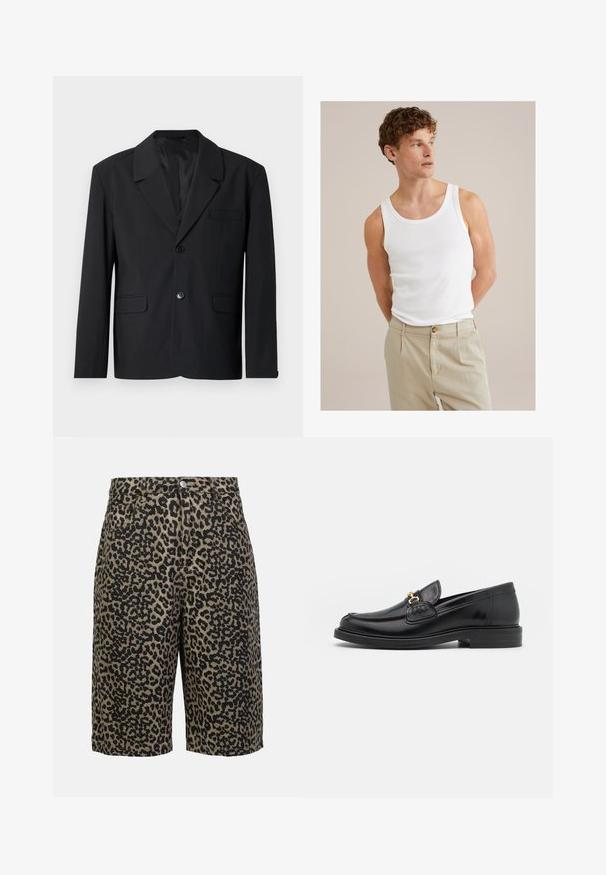 Sort blazer med stikkrave, lukning med enkelt knap, to frontlommer og en brystlomme. Glat stof med et klassisk design.; Hvid bomulds tanktop med rund halsudskæring og brede stropper, kombineret med lysebeige bukser med knap og pressefolder.; Leopardprint denimshorts i jordfarver med knaplukning, fem lommer og en afslappet pasform.; Sorte læder loafers med en rund tå, der har guld hardware accent og syningsdetaljer, placeret på en lav, tekstureret gummisål.