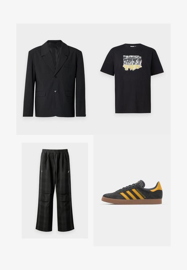 Blazer preto com colarinho com bicos, fecho de um único botão, dois bolsos frontais e um bolso no peito. Tecido suave com um design clássico.; T-shirt preta de algodão com uma impressão gráfica em branco e amarelo com o texto "IRON LIKE HELL" e um design de silhuetas.; Calças pretas em padrão xadrez com cintura elástica, dois bolsos frontais e um ajuste solto com design de perna reta. Feitas de material leve.; Tenis em camurça preta com detalhes amarelos, apresentando três riscas e uma sola de borracha castanha. Inclui uma língua acolchoada para maior conforto.