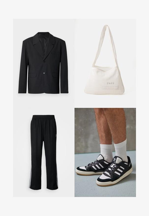 Blazer nero con colletto a pistagna, chiusura a un bottone, due tasche frontali e una tasca sul petto. Tessuto liscio con un design classico.; Maglietta bianca in cotone, con scollatura rotonda nera e tre strisce nere su ciascuna spalla. Piccolo logo nero sul petto.; Pantaloni da allenamento neri con elastico in vita, dotati di bande laterali bianche e un piccolo logo. Il materiale sembra morbido e leggero.; Sneaker bianco e nero con tomaia in suede e pelle, caratterizzati da tre strisce bianche, punta perforata e suola in gomma naturale.; Borsa a spalla in rete bianca con una morbida forma hobo. Presenta due tracolle e testo stampato sulla parte anteriore in un colore a contrasto.