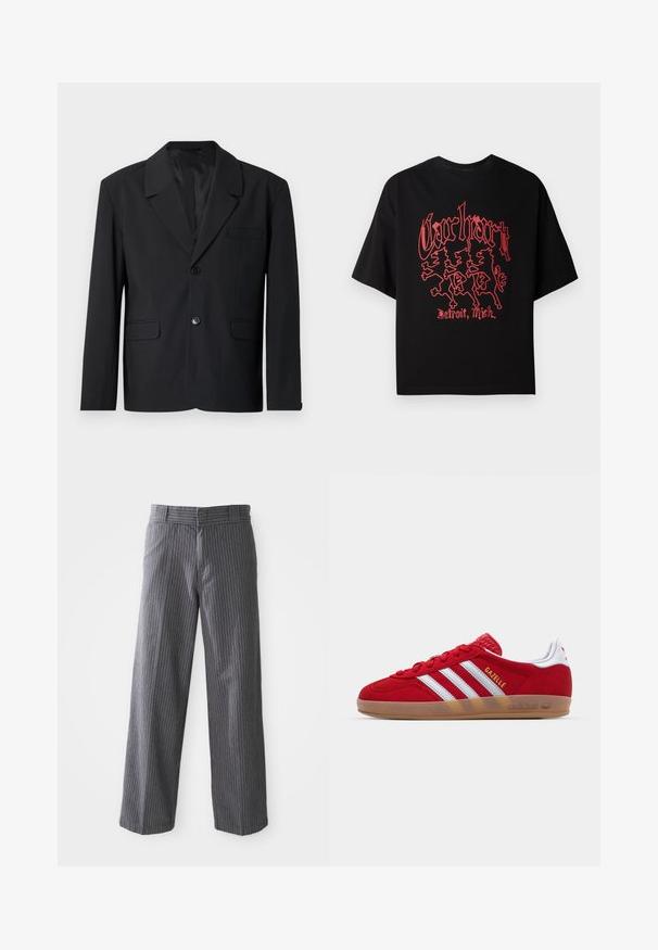 Blazer noir avec un col cranté, fermeture à un bouton, deux poches avant et une poche poitrine. Tissu lisse avec un design classique.; T-shirt noir à manches courtes en coton, arborant un graphique rouge audacieux avec trois figures de lions et le texte "Carhartt, Detroit, Mich."; Un pantalon large à rayures gris avec passants de ceinture, devant plat et ourlets droits, présenté sur un fond blanc.; Basket en daim rouge avec un design à trois rayures blanches et le texte doré "Gazelle". Comprend une semelle en caoutchouc et un talon texturé.