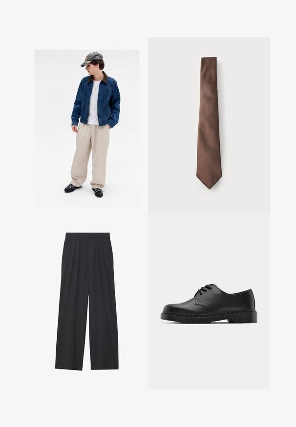 Mladić koji nosi kape u kamuflažnom uzorku, plavi traper jaknu, bijelu majicu, bež široke hlače, crne cipele i zlatni lančić s križem, stoji naslonjen na bijelu pozadinu.; Bijela košulja dugih rukava s gumbima napravljena od glatkog materijala. Ima klasičan ovratnik, prednje gumbe i manžete s jednim gumbom. Dizajn u uskom kroju.; Hlače širokih nogavica napravljene od tamnosive tkanine. Imaju nabore na struku, kroj prilagođen tijelu i ravnu siluetu.; Crne kožne oxford cipele s vezivanjem, zaobljenim vrhom, ravnim gumenim potplatom i suptilnim detaljima šivanja duž gornjeg dela.; Smeđa svilena kravata s glatkom teksturom, uskog oblika i šiljastog kraja, prikazana na jednostavnoj pozadini.