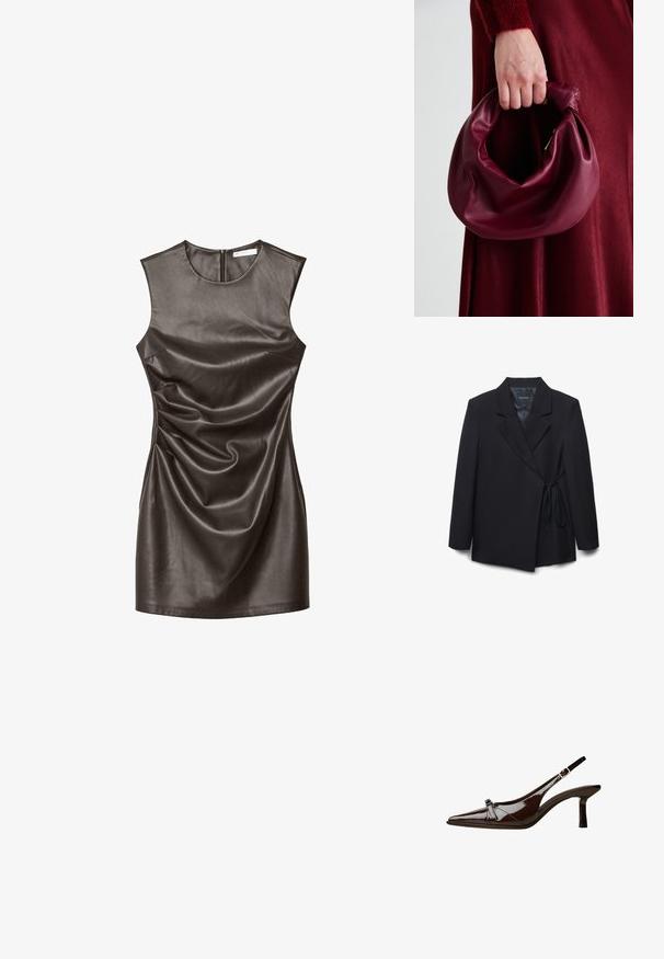 Blazer nero con revers appuntiti, design avvolgente e dettaglio a nodo in vita. Realizzato in tessuto morbido, con maniche lunghe e vestibilità comoda.; Abito senza maniche in pelle marrone scuro con una texture liscia. Presenta una scollatura rotonda e dettagli arricciati su un lato. Chiusura posteriore con zip.; Scarpa slingback in pelle verniciata marrone con punta appuntita, tacco basso e un accentuato fiocco decorativo nella parte anteriore. Texture liscia e lucente.; Borsa in pelle bordeaux con un design morbido e arricciato e una forma arrotondata. Il manico è fissato, mostrando una texture liscia.