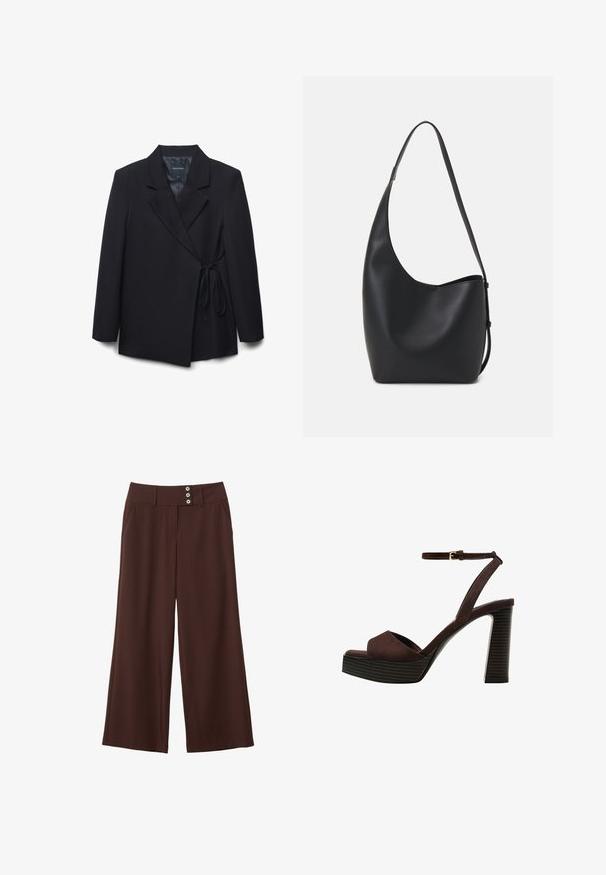 Blazer nero con revers appuntiti, design avvolgente e dettaglio a nodo in vita. Realizzato in tessuto morbido, con maniche lunghe e vestibilità comoda.; Maglietta a maniche corte marrone realizzata in tessuto morbido, con scollatura rotonda e vestibilità rilassata. Nessun motivo o dettaglio visibile.; Pantaloni a gamba larga marroni realizzati in tessuto morbido, con due tasche laterali e una vita decorata da tre bottoni.; Sandal in camoscio marrone con tacco alto, punta aperta, cinturino alla caviglia regolabile e suola a piattaforma striata.; Borsa hobo nera in pelle con una superficie liscia, forma curvata e una singola tracolla regolabile; presenta un'ampia apertura nella parte superiore.