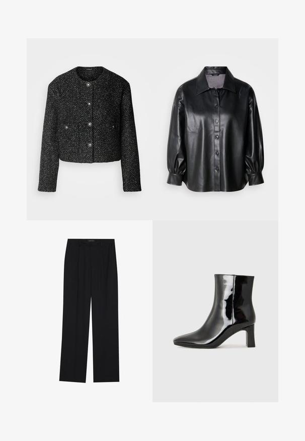 Veste noire cropped en tissu texturé avec un motif en chevrons, dotée d'un col rond et de boutons-pression en métal argenté.; Veste chemise en cuir noir avec un col, fermeture à boutons et manches ballons. Texture lisse et coupe ajustée.; Pantalons noirs à coupe droite, dotés de deux poches avant et d'une taille. Fabriqués dans un tissu lisse et léger.; Bottines en cuir verni noir avec un bout pointu et un talon block de hauteur moyenne. Texture lisse et design minimaliste.