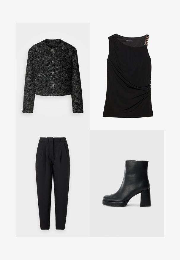 Giacca nera accorciata fatta di tessuto testurizzato con motivo a spina di pesce, dotata di scollatura rotonda e bottoni a pressione argentati.; Top senza maniche nera con tessuto arricciato, dotata di un colletto liscio e un accento decorativo di catena dorata sulla spalla sinistra.; Pantaloni neri con una vestibilità dritta, caratterizzati da pieghe sul fronte, una texture liscia e tasche laterali. Il girovita ha un'altezza standard.; Stivale alla caviglia in pelle nera con tacco a blocco e suola platform, visto di lato su uno sfondo bianco uniforme.