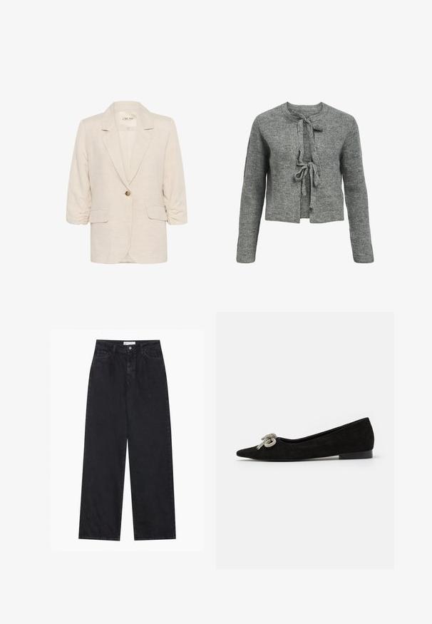 Světle béžový lněný blazer s klopovým límcem, jednobotonovým zapínáním a nařasenými 3/4 rukávy. Obsahuje dvě přední kapsy.; Šedý pletený svetr s kulatým výstřihem, dlouhými rukávy a zavazováním vpředu. Textura je žebrovaná, což vytváří útulný vzhled.; Souprava krajkového braletky s bílým květinovým vzorem a černým protipólem. Obě mají výstřih do V a široké, detailně zpracované ramínka.; Černé dámské džíny s vysokým pasem, širokými nohavicemi, předním zapínáním na knoflík a zip, poutky na opasek a klasickou pětikapsovou stylistikou.; Černé semišové baleríny s špičatou špičkou, zdobené dekorativním stříbrným mašlí na přední straně, s nízkým podpatkem.